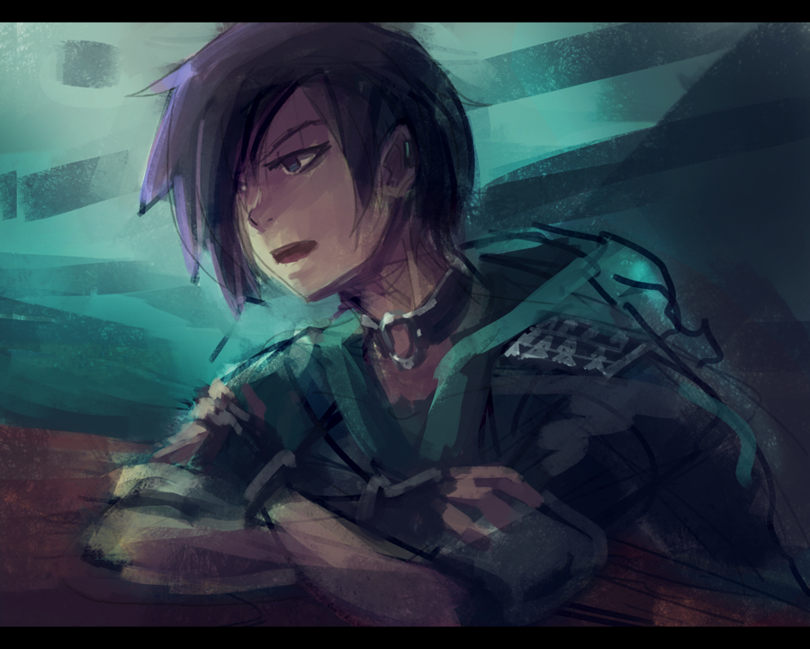 A painterly style sketch of Enji with a tired expression, arms crossed and leaning on a table in a dimly lit room.