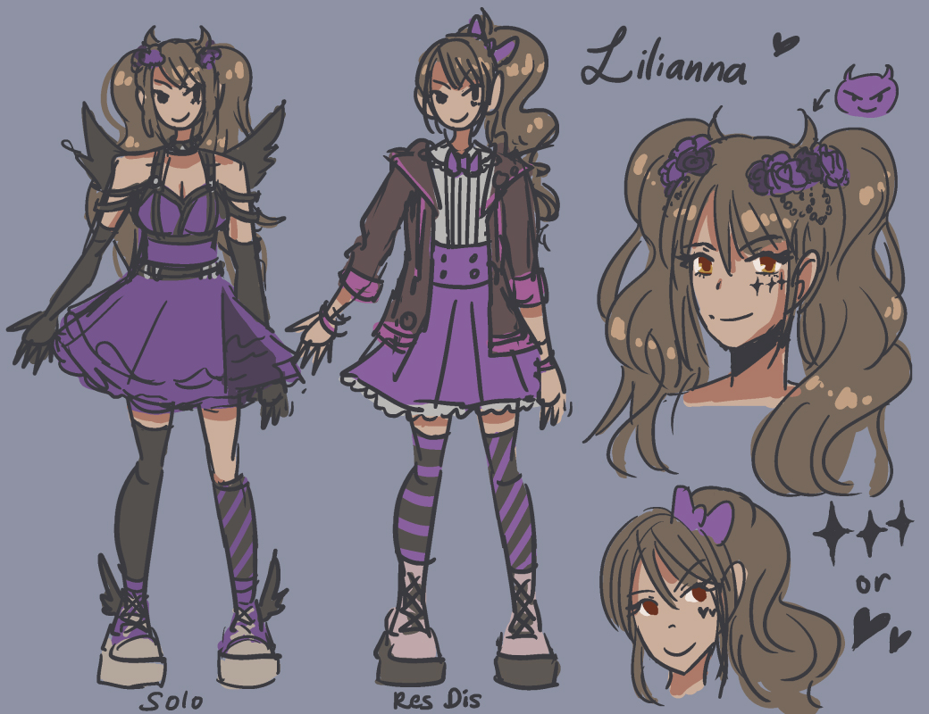 A reference sheet of Lilianna’s 2 different outfits and notes for her two different hairstyles.