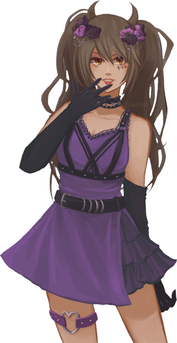 A painted half body illustration of Lilianna in her purple outfit with her hair in two long twin tails.