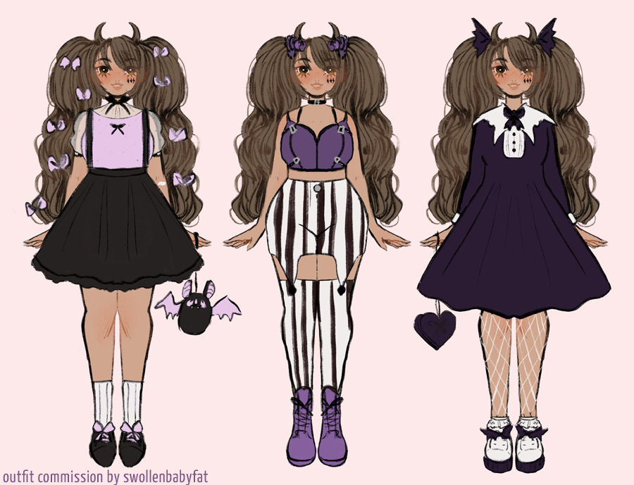 Three different outfit designs with dark girly kei and gothic vibes.