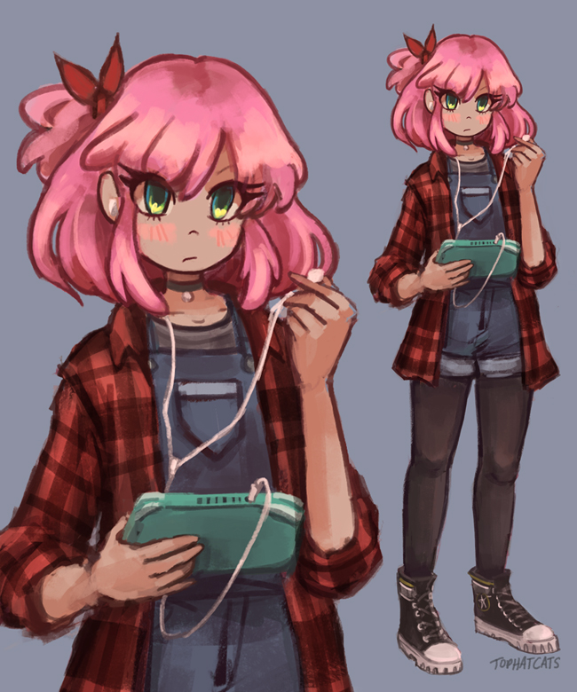 A painted illustration of Nanalie in a causal outfit with overalls and a red plaid shirt. She holds a teal nintendo switch and earbuds