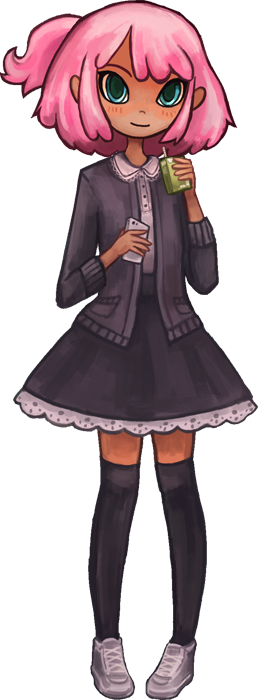 A painted full body illustration of Nanalie holding her phone in one hand and a boxed juice drink in the other.