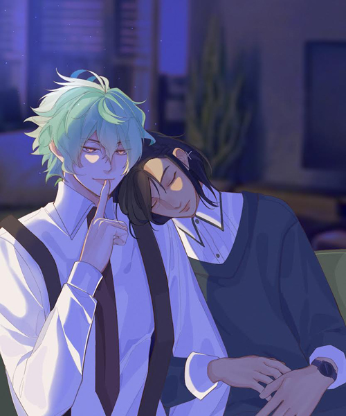 A half body illustration of Nao asleep at the office couch and leaning on Takeru’s shoulder. Takeru gestures to be quiet.