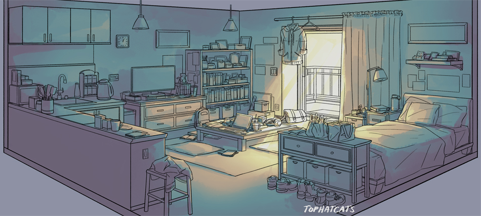 A detailed illustration of Nao’s studio apartment. It feels a bit cluttered but cozy.