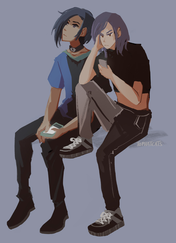 An illustration of Nao and Enji in casual outfits, looking at their phones in disappointment.