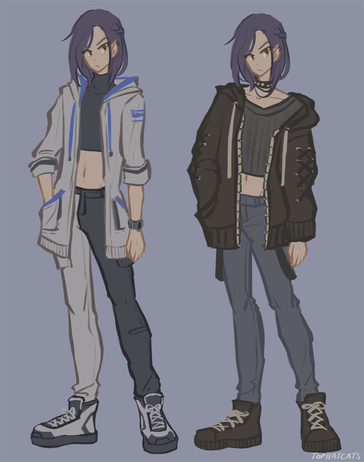 An illustration of two street fashion alternate outfits featuring crop tops in two flavors - techwear and casual gothic.
