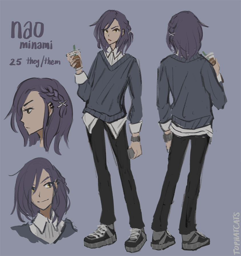 A reference sheet of Nao’s design, with two front and back full illustrations, a headshot in profile, and a second headshot with their typical smirking expression.