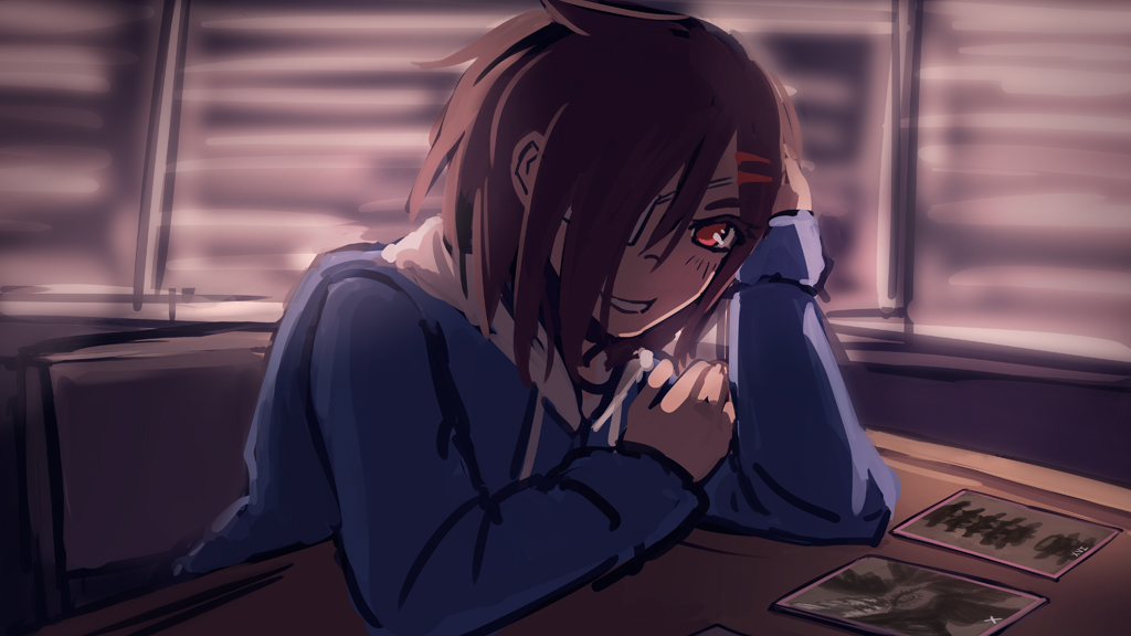 A illustration of Spin in a darkened classroom. She smirks and leans on the desk in front of her, where a set of tarot cards are laid out. Light spills through cracks in the blinds behind her.