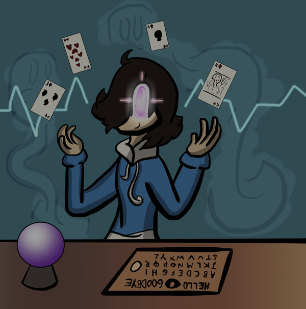 A portrait of Spin at a table with a crystal ball, ouija board, and cards floating above her.