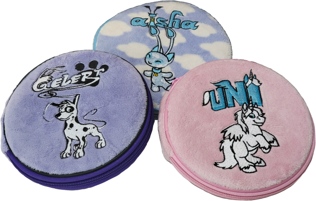 a set of 3 fluffy pastel CD cases with neopets characters on the front