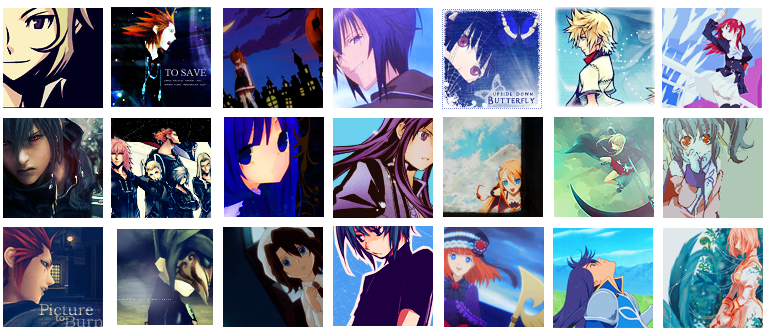 A 3 by 7 grid of blue and teal icons featuring anime and game characters.