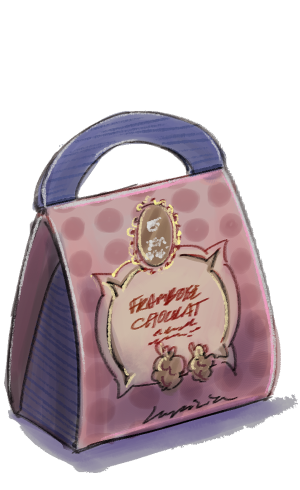 illustration of framboise chocolat tea packaged in a super cute pink, purple, and gold box shaped like a handbag.