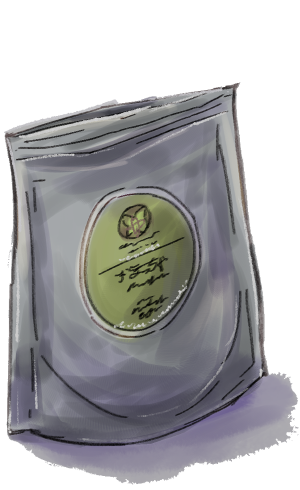 illustration of o-matcha tea packaged in a a silver pouch.