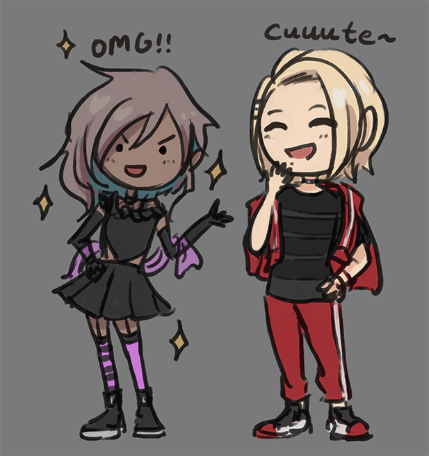 Tsuru poses showing of a borrowed gothic outfit and Fumi exclaims it's cute