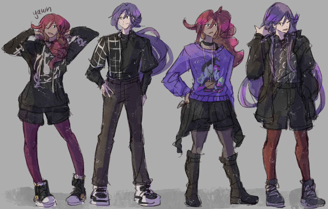 Rin and Mizuki in various casual red, black, and purple outfits