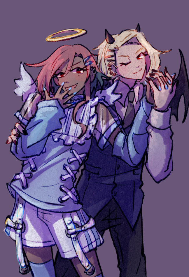 Tsuru and Fumi in halloween outfits. They are a mizuiro angel and devil pair and pose holding hands