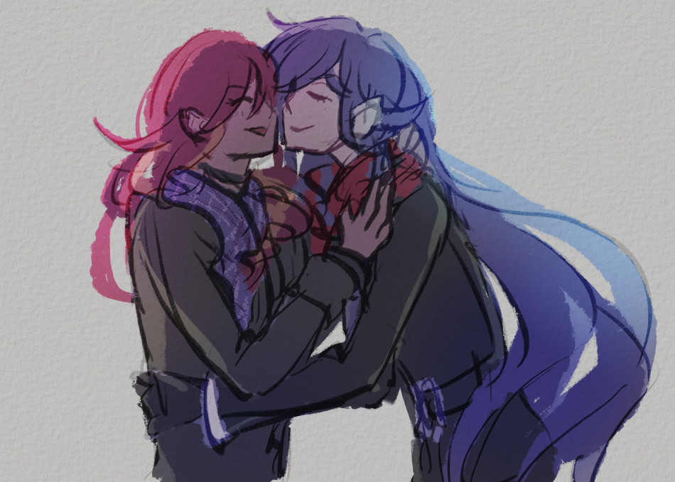 Rin and Mizuki bundled up in winter clothes and scarves exchanging a kiss