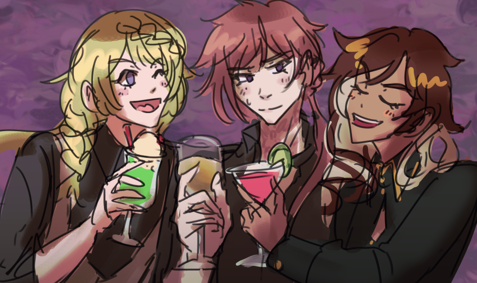 Dahut, Scien, and Symphore toasting drinks for Scien's birthday