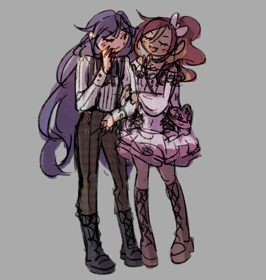 Mizuki and Rin arm in arm dressed up for a date with matching ouji and girly kei outfits.