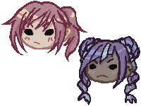 Pixel art chibi heads of Chinatsu and Lan with stylized empty dark eyes