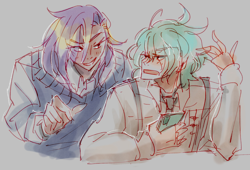 Nao with a smug expression hovering over Takeru's shoulder while he's on his phone