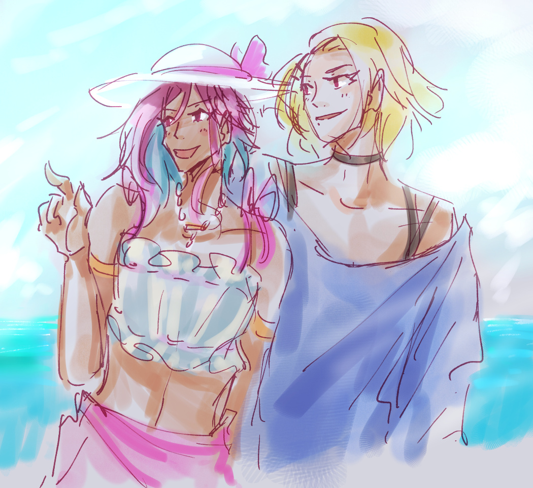 Fumi and Tsuru at the beach, pointing somewhere off screen