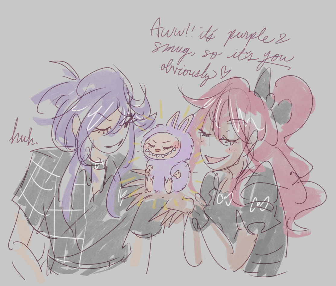 Rin and Mizuki observe a pastel purple Labubu
