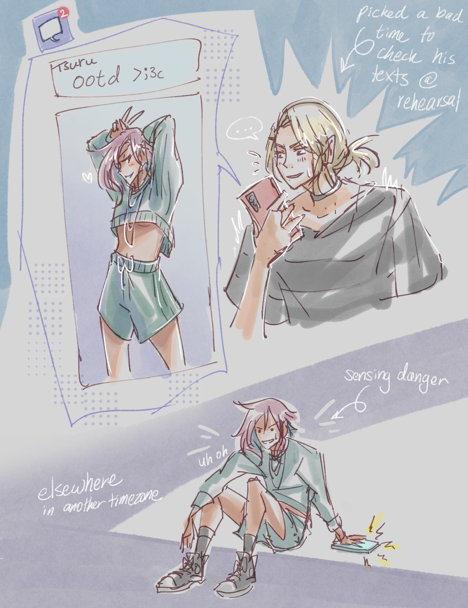 marker doodles of Tsuru and Fumi antics on the topic of crop tops