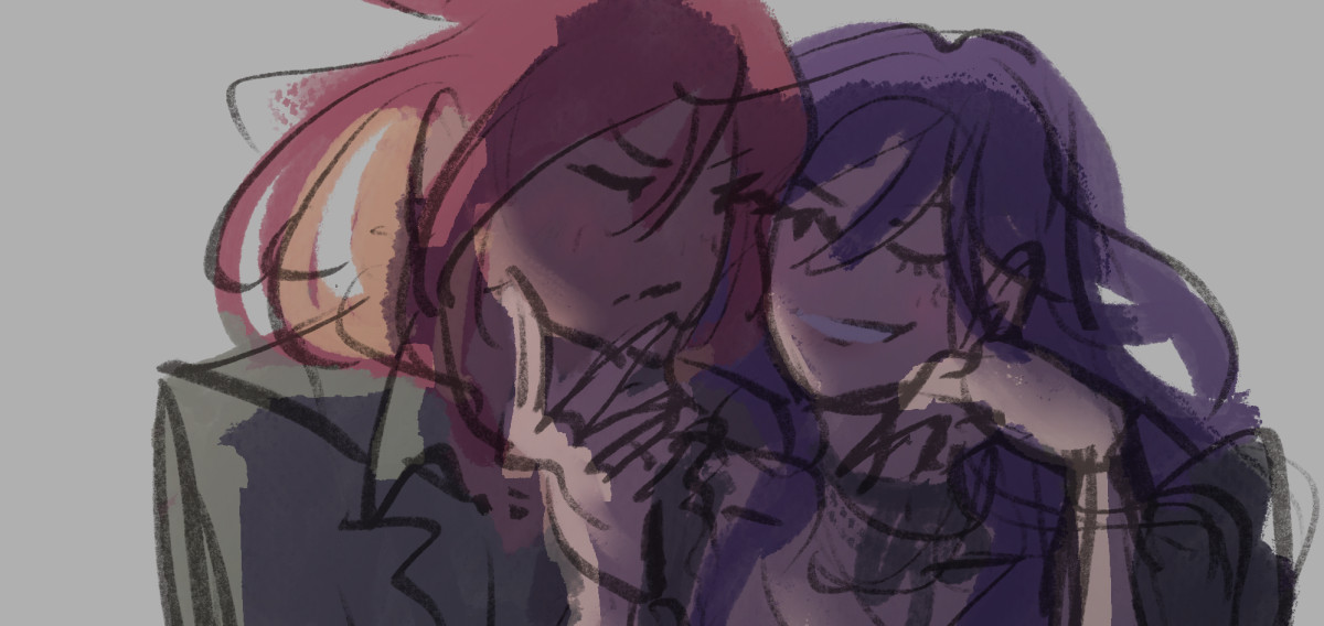Cropped WIP sketch of Rin flustered while Mizuki teases them