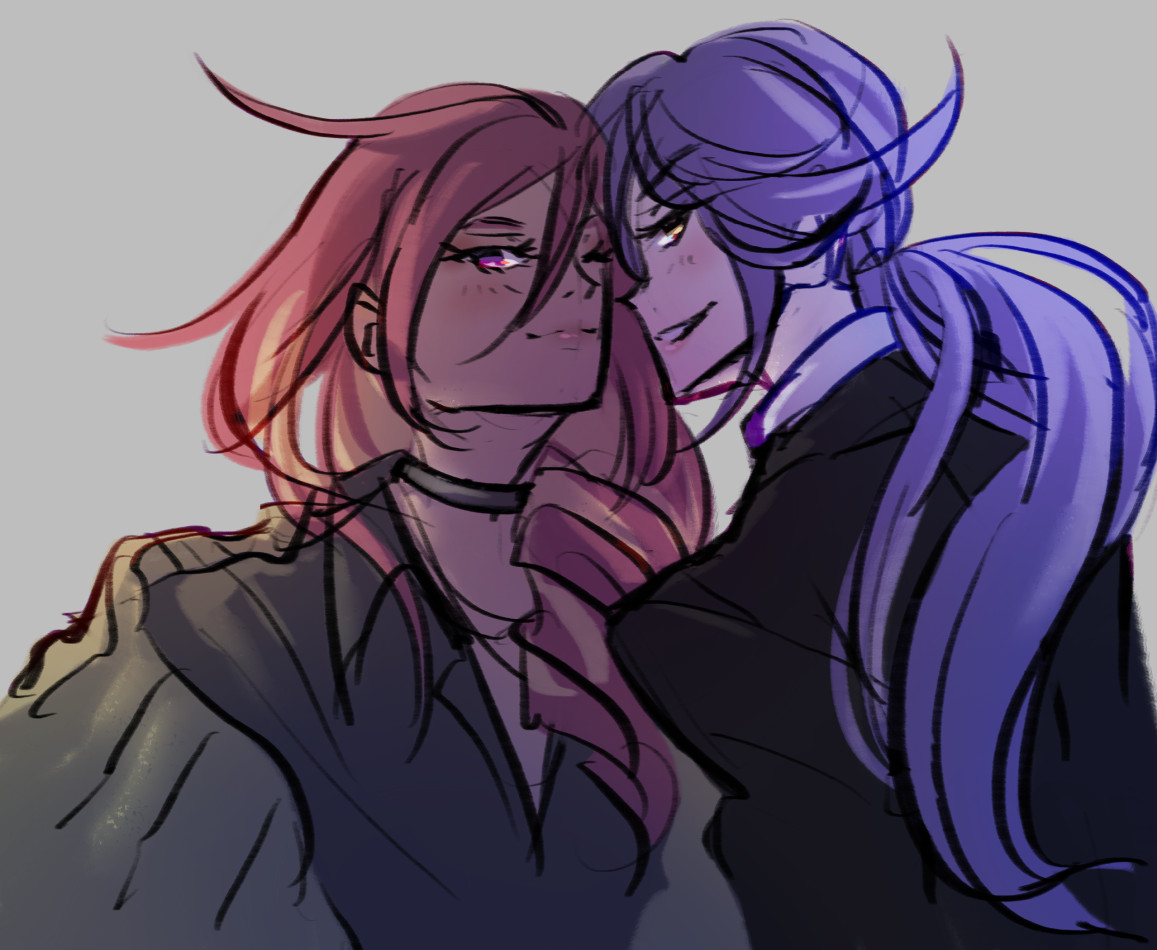 Rin and Mizuki in their typical work outfits scheming something together