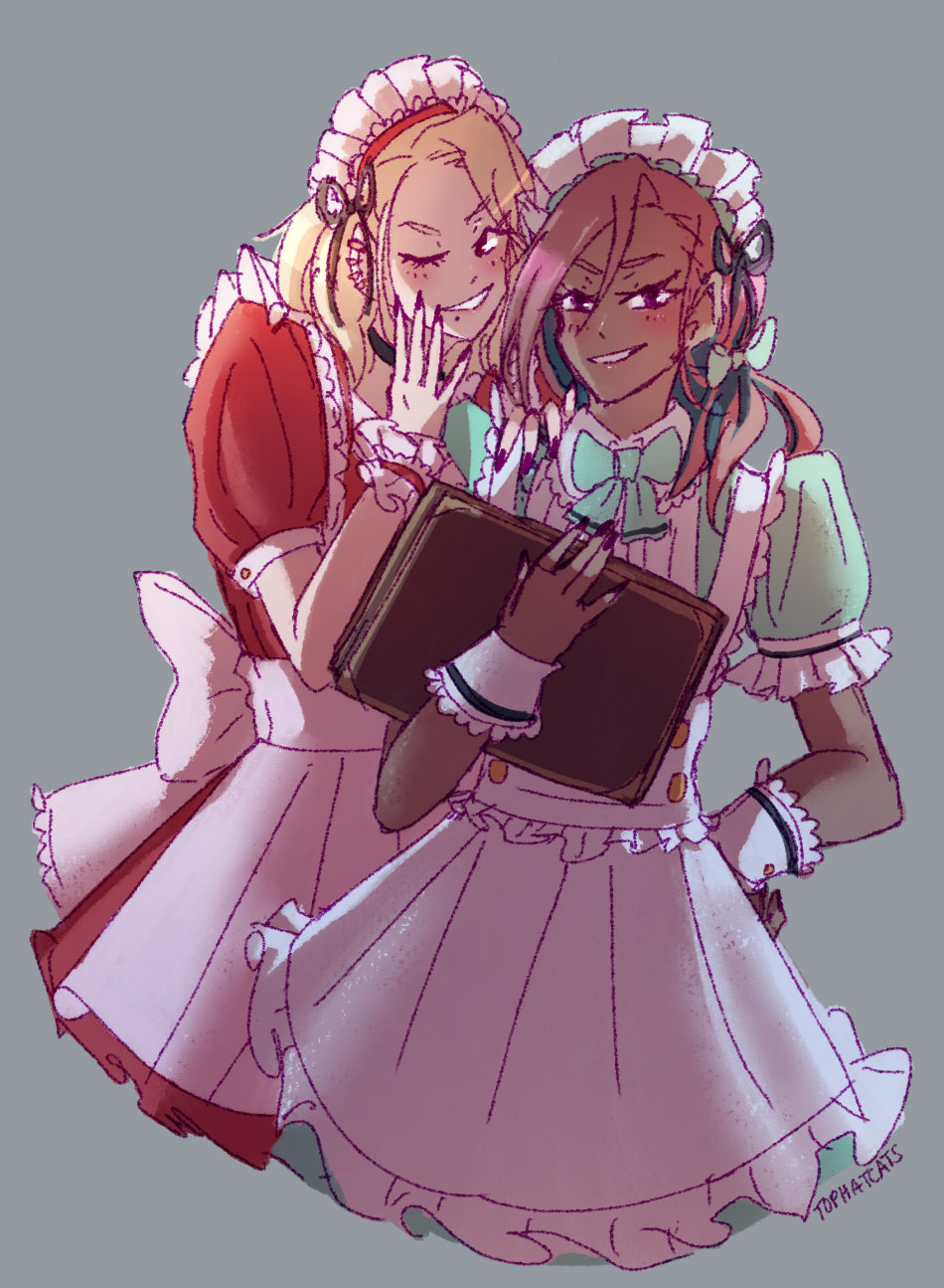 Fumi and Tsuru whispering to each other while wearing maid outfits