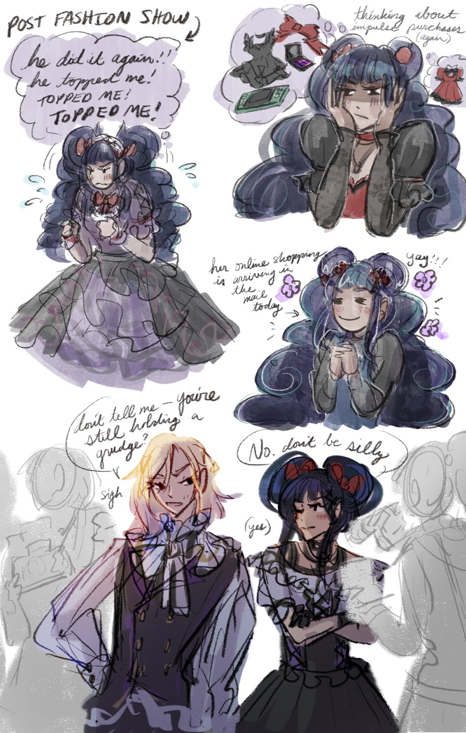 A set of candid Vina doodles and her being tsundere towards Vil at a fashion event