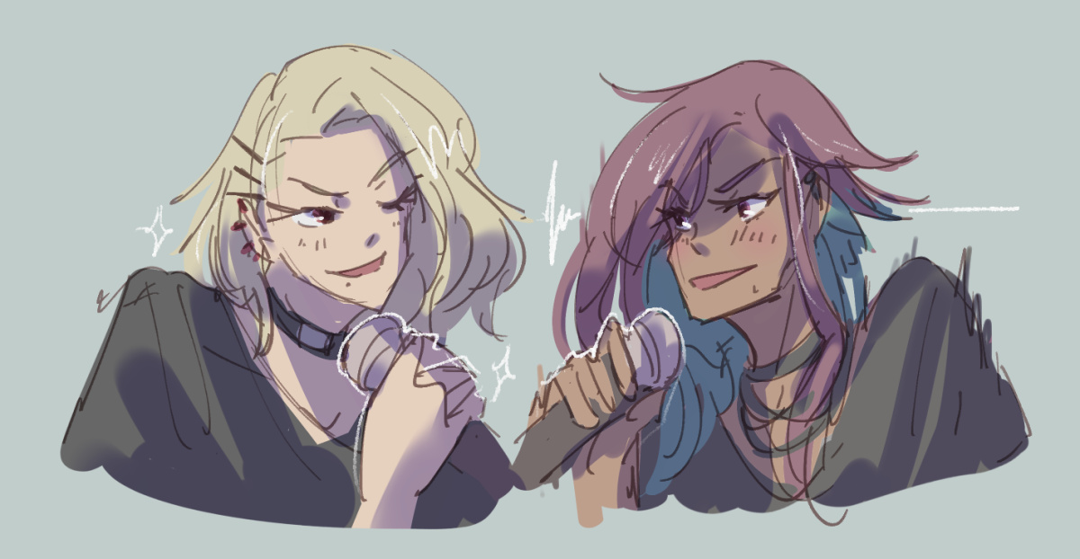 Fumi and Tsuru singing karaoke.