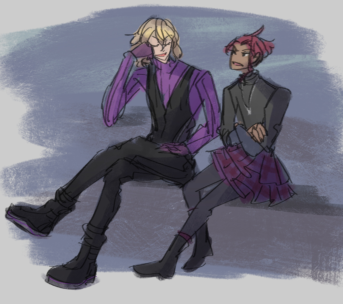 Date and Minase in casual clothes chatting it up.