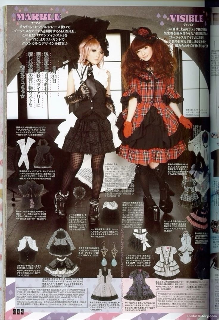 a magazine scan featuring two lolita fashion coordinates: one black and white and the other in red plaid