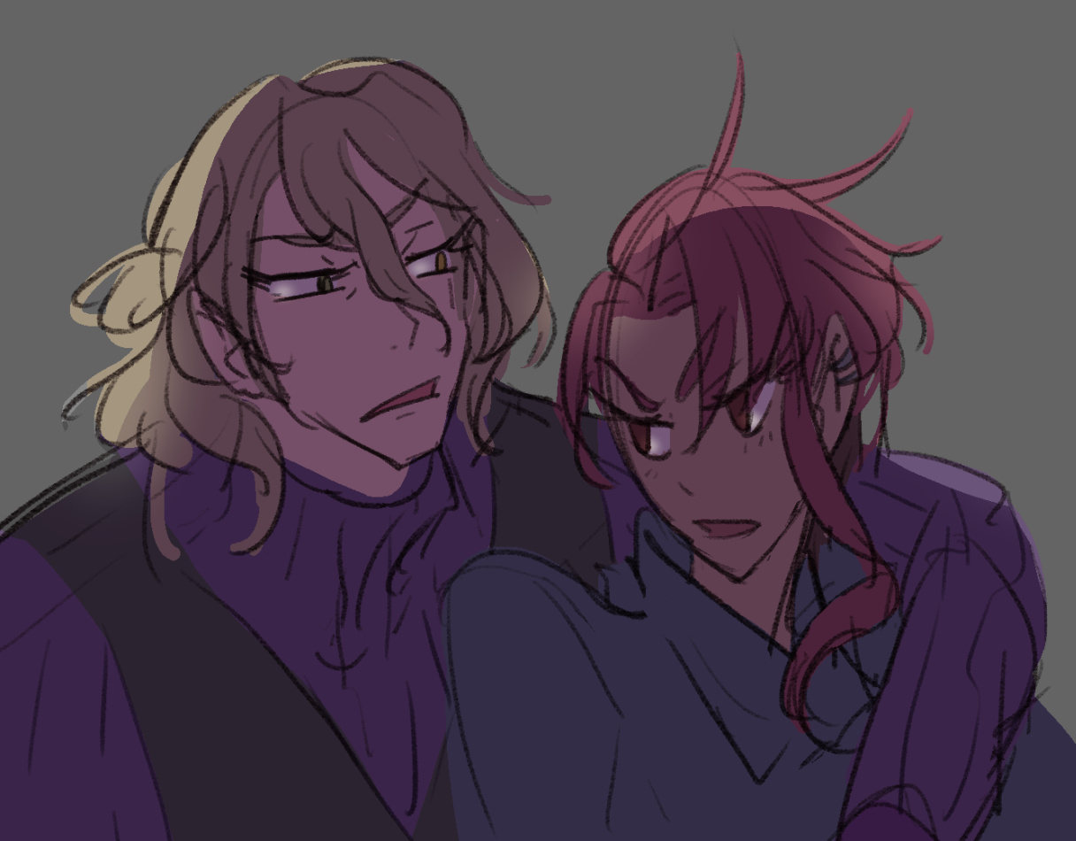 Date with one arm slung over Minase's shoulder. The two exchange annoyed expressions.