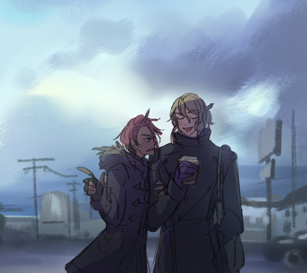 Cropped illustration of Minase and Date on a gloomy winter day.