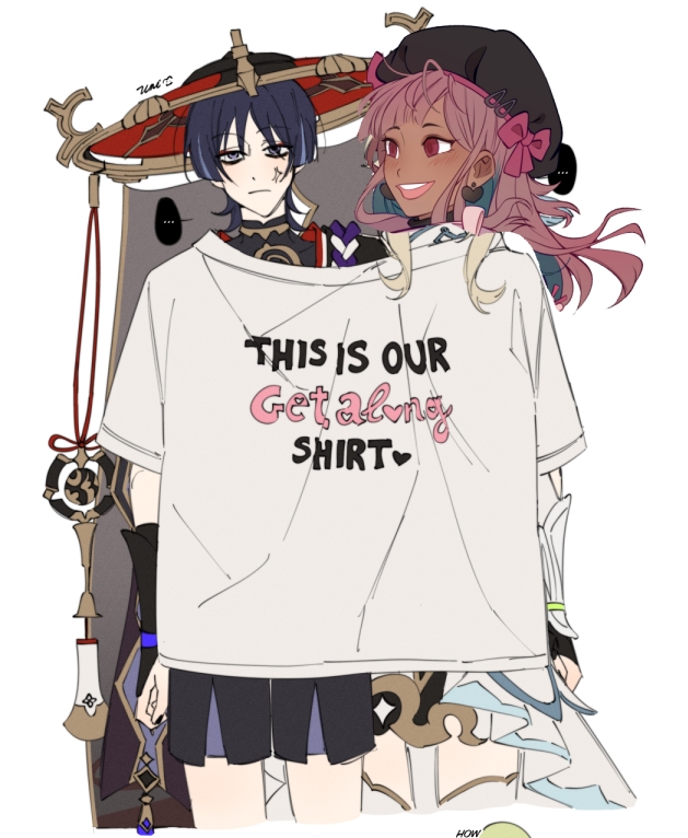 Ange edited over fanart of Scara and Lumine from Genshin in an oversized 'this is our get along shirt'