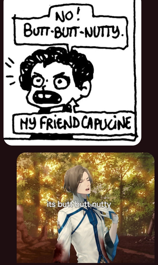 a text conversation with a cropped comic panel showing the artist's friend named capucine followed by a screenshot of Capucine from Virche. Both Capucines are making a comment about 'butt butt nutty'