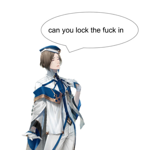 An exhausted sprite of Capucine with a text bubble reading 'can you lock the fuck in'